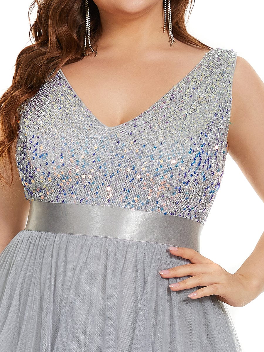 Robe de soirée haute basse sans manches à col en V et sequins #Couleur_Argent