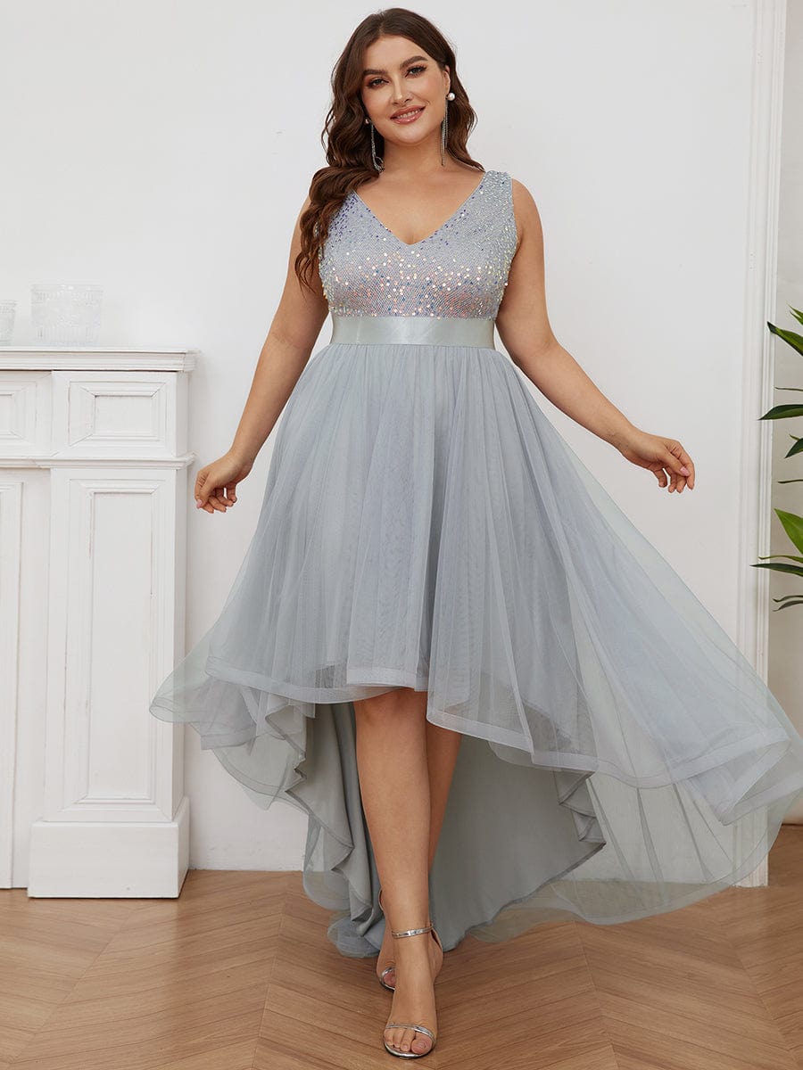 Robe de soirée haute basse sans manches à col en V et sequins #Couleur_Argent