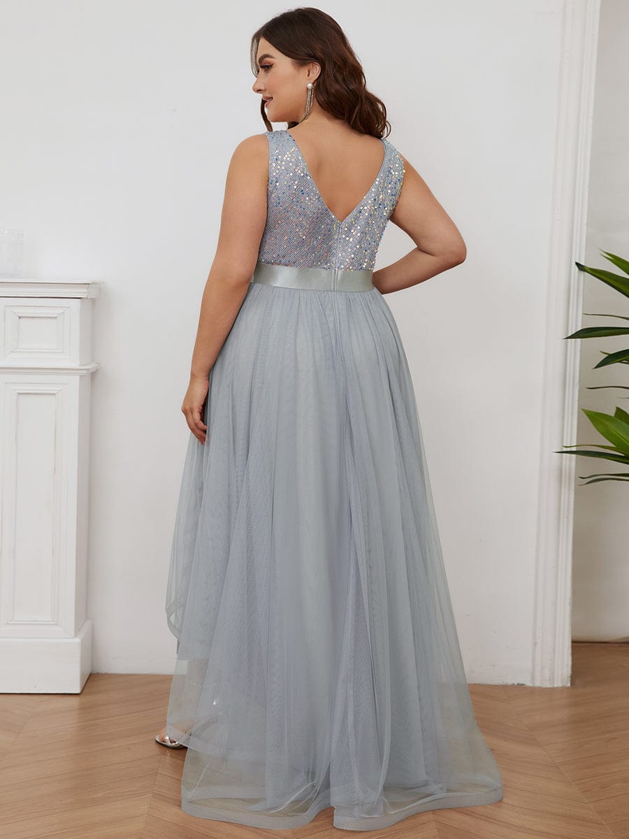 Robe de soirée haute basse sans manches à col en V et sequins #Couleur_Argent