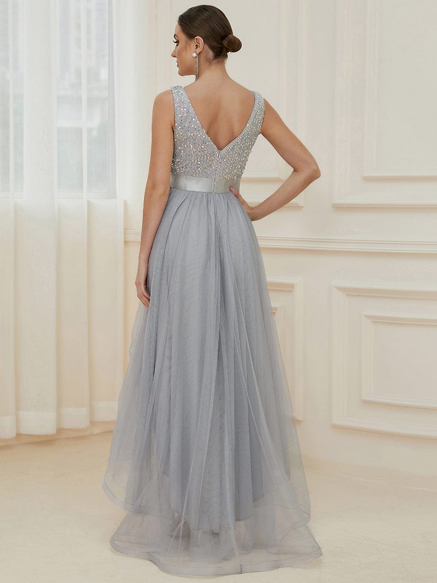 Robe de soirée haute basse sans manches à col en V et sequins #Couleur_Argent