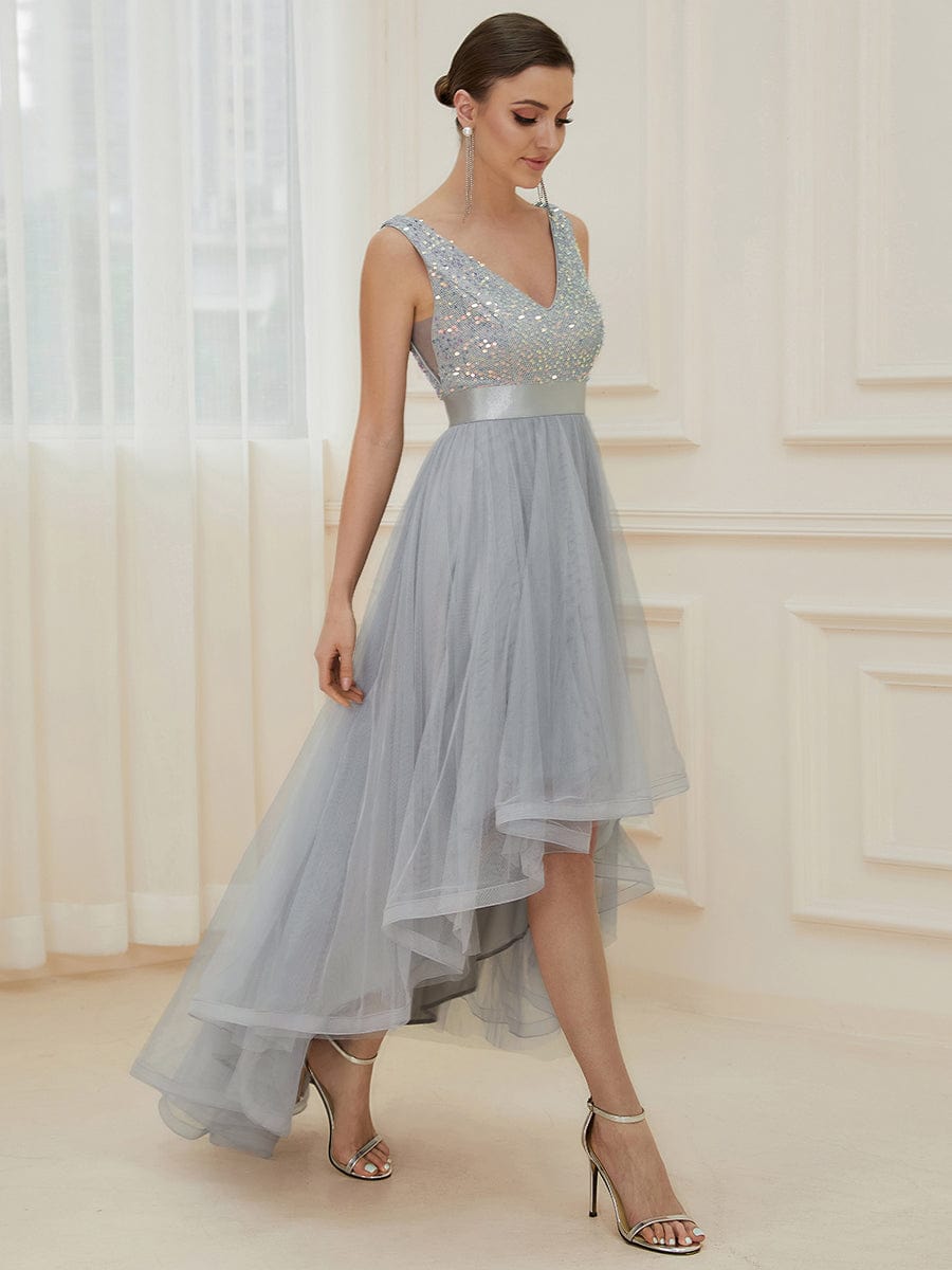 Robe de soirée haute basse sans manches à col en V et sequins #Couleur_Argent