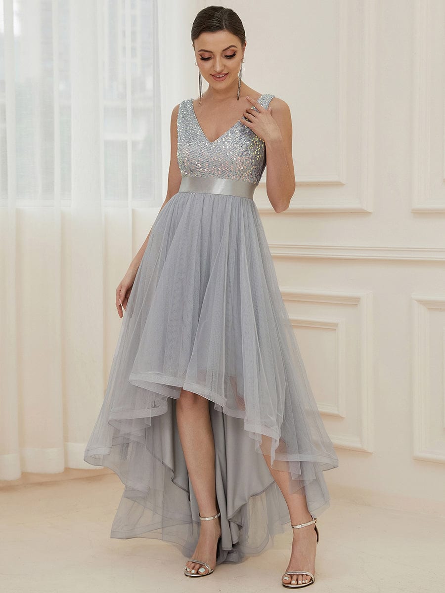 Robe de soirée haute basse sans manches à col en V et sequins #Couleur_Argent