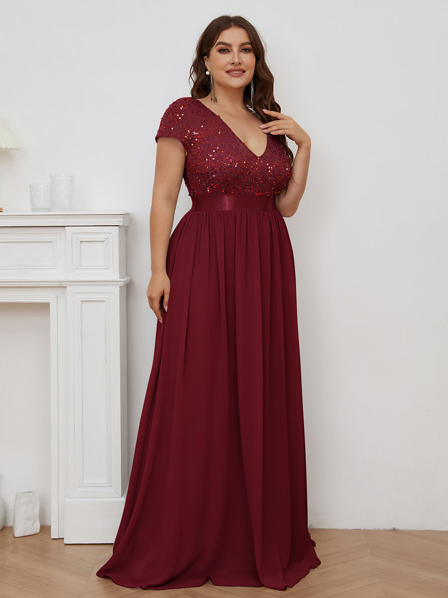 Robe de Soirée Maxi en Mousseline de Soie à Col en V de Grande Taille à Manches Courtes #Couleur_Bordeaux