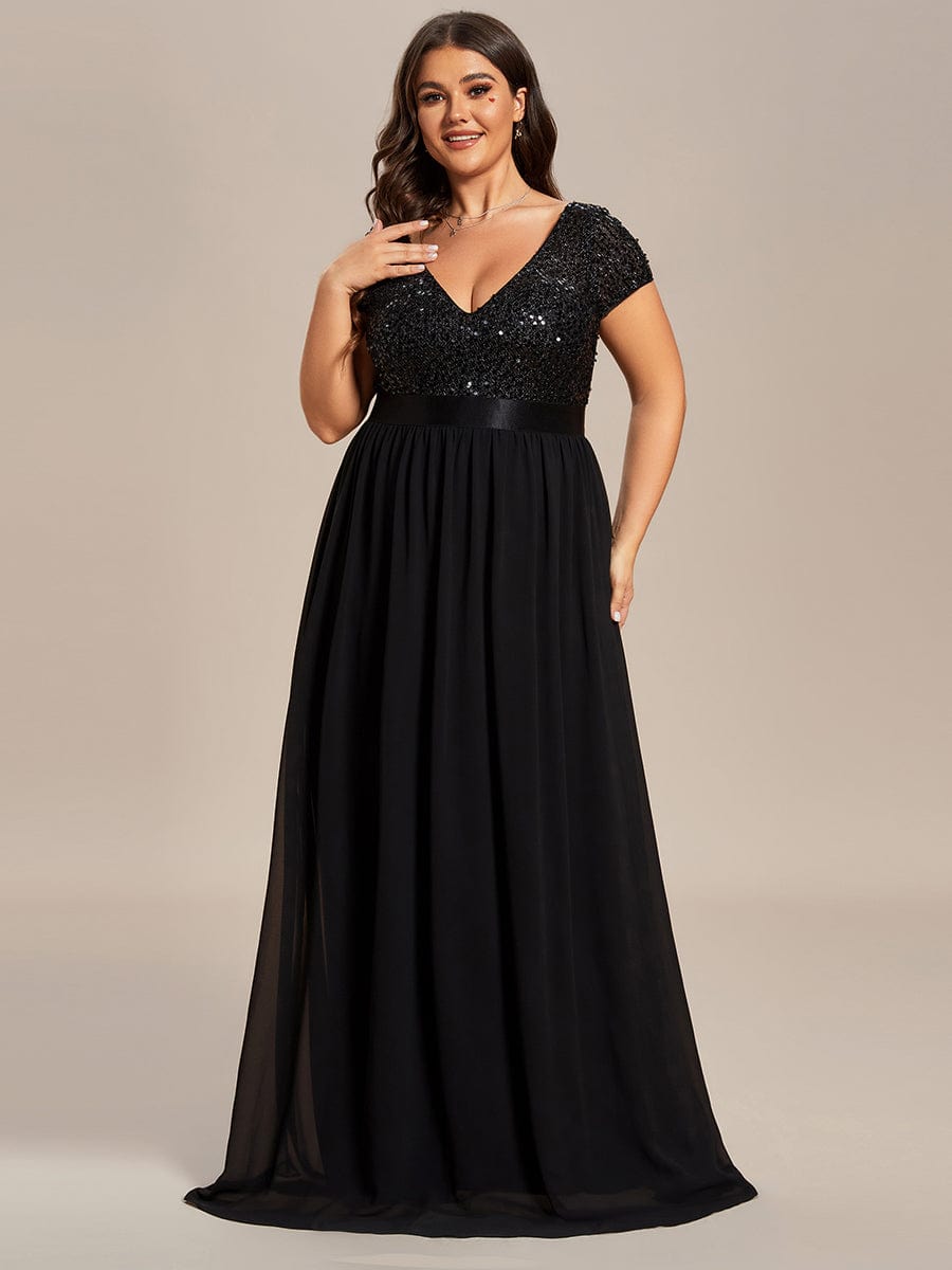 Robe de Soirée Maxi en Mousseline de Soie à Col en V de Grande Taille à Manches Courtes #Couleur_Noir