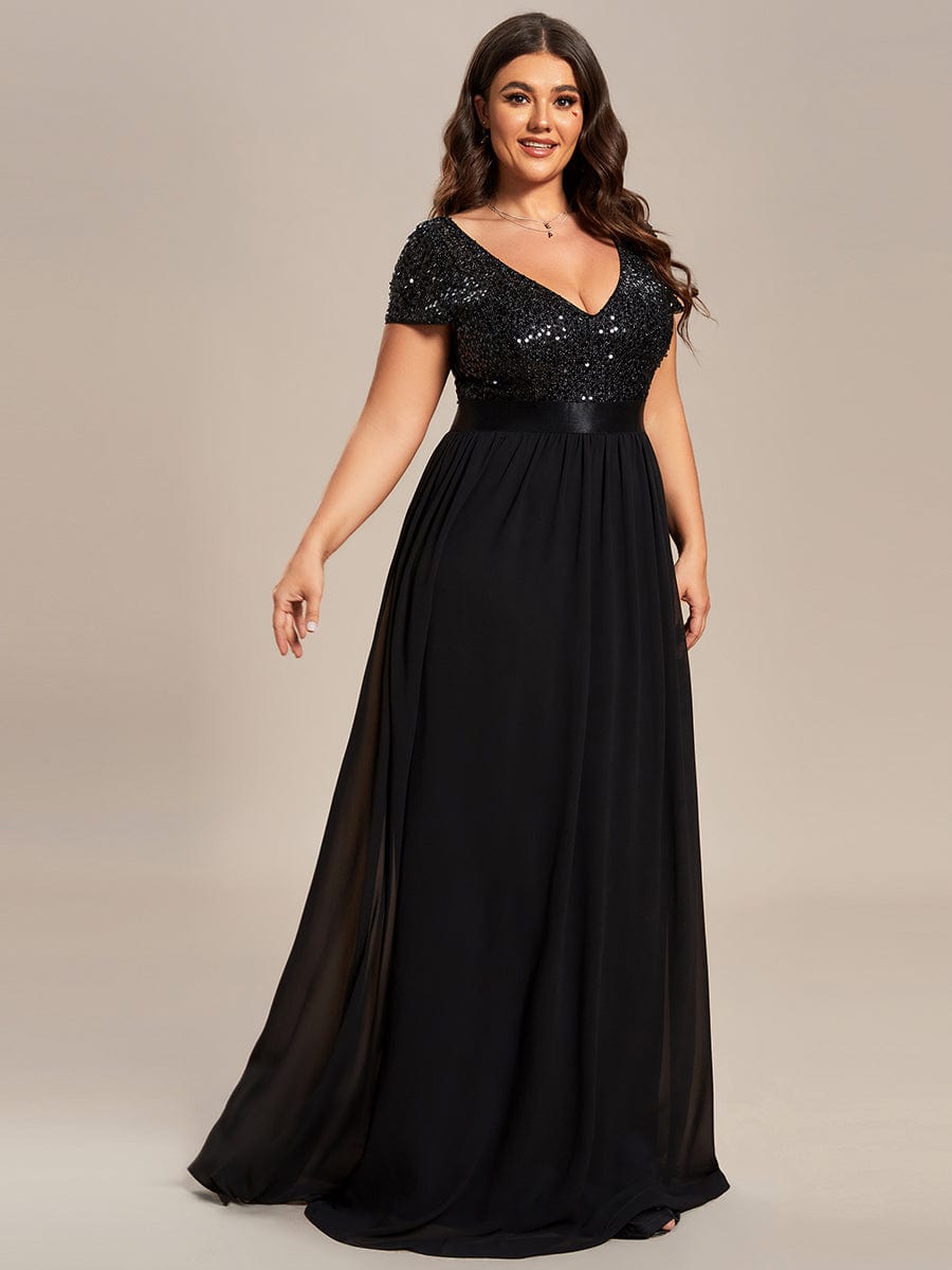 Robe de Soirée Maxi en Mousseline de Soie à Col en V de Grande Taille à Manches Courtes #Couleur_Noir