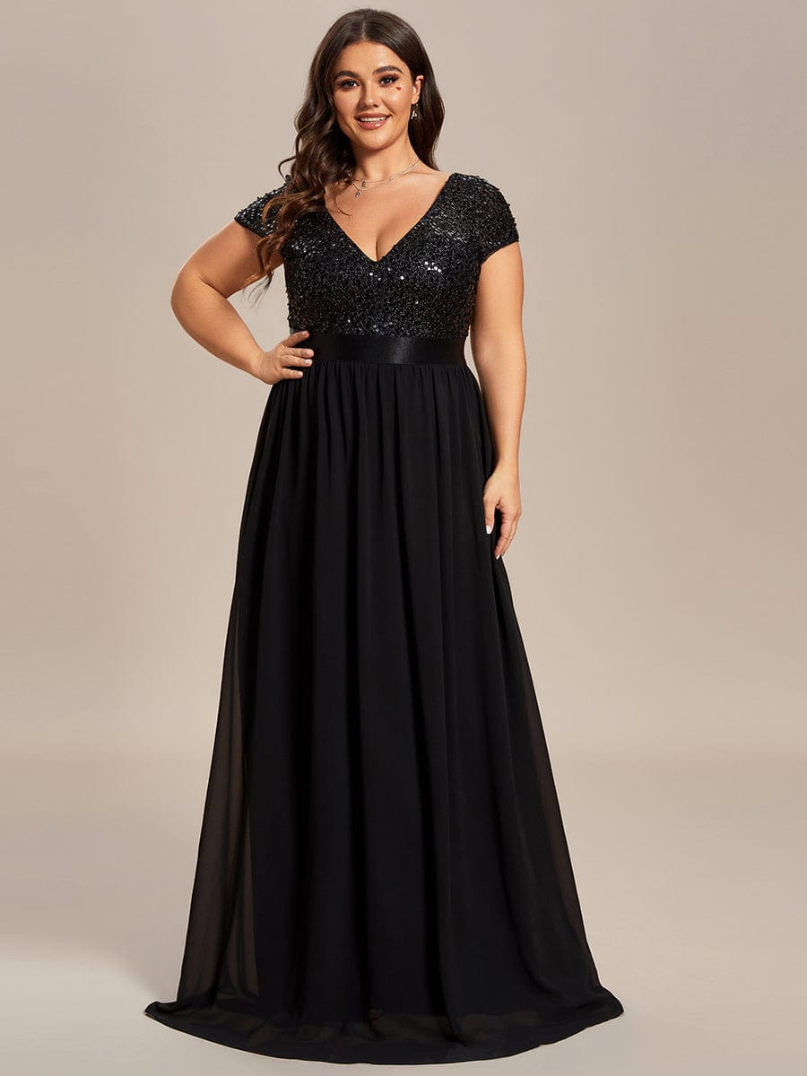 Robe de Soirée Maxi en Mousseline de Soie à Col en V de Grande Taille à Manches Courtes #Couleur_Noir