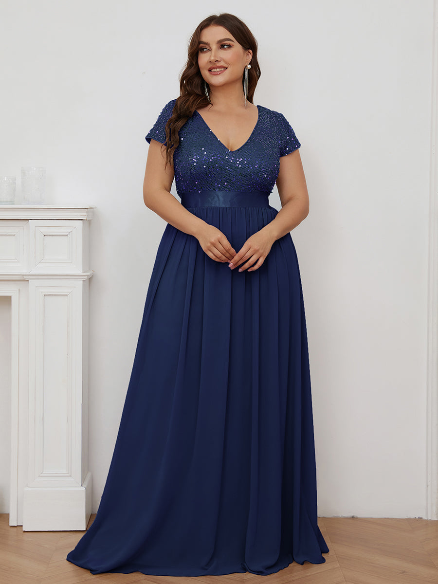 Robe de Soirée Maxi en Mousseline de Soie à Col en V de Grande Taille à Manches Courtes #Couleur_Bleu Marine