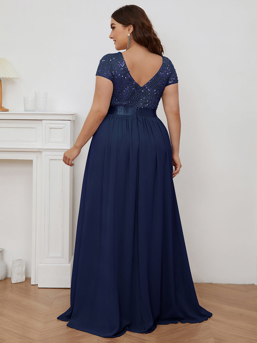 Robe de Soirée Maxi en Mousseline de Soie à Col en V de Grande Taille à Manches Courtes #Couleur_Bleu Marine