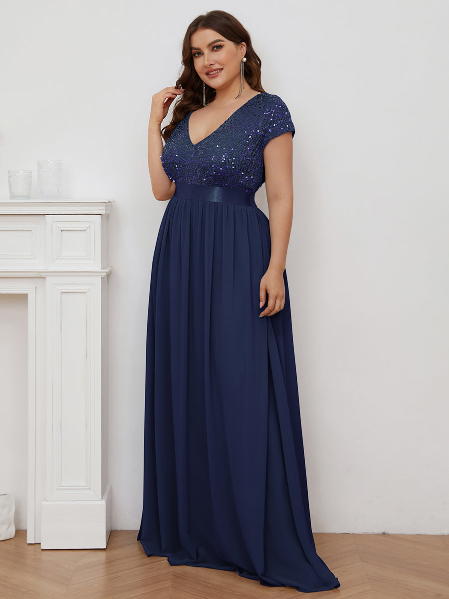 Robe de Soirée Maxi en Mousseline de Soie à Col en V de Grande Taille à Manches Courtes #Couleur_Bleu Marine