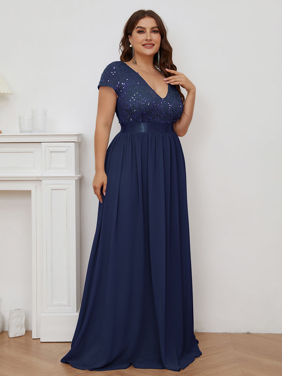 Robe de Soirée Maxi en Mousseline de Soie à Col en V de Grande Taille à Manches Courtes #Couleur_Bleu Marine