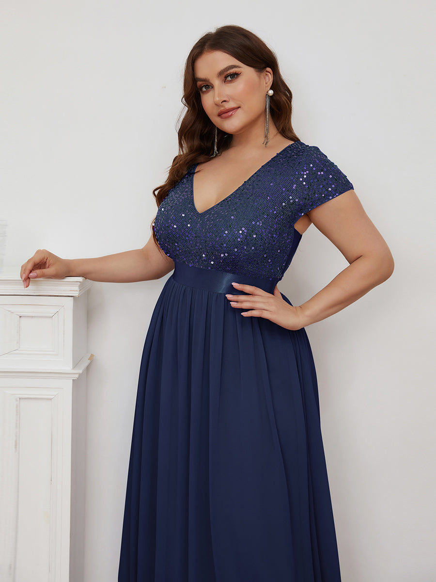 Robe de Soirée Maxi en Mousseline de Soie à Col en V de Grande Taille à Manches Courtes #Couleur_Bleu Marine