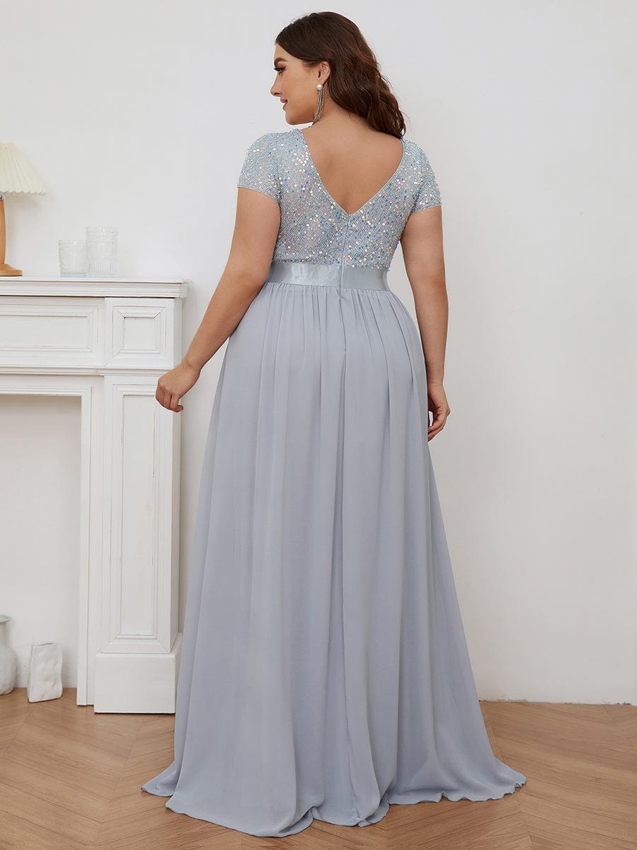 Robe de Soirée Maxi en Mousseline de Soie à Col en V de Grande Taille à Manches Courtes #Couleur_Argent