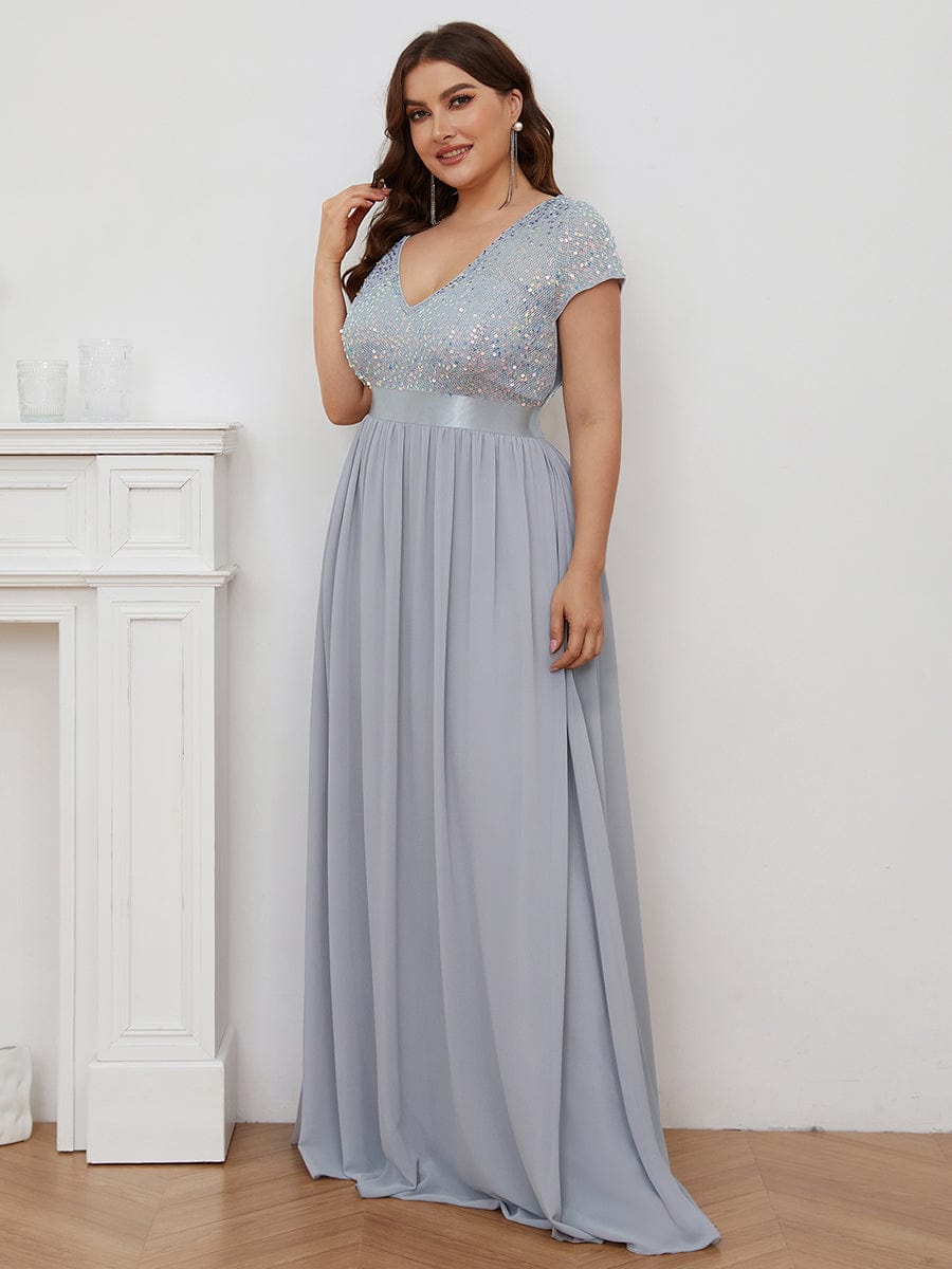 Robe de Soirée Maxi en Mousseline de Soie à Col en V de Grande Taille à Manches Courtes #Couleur_Argent