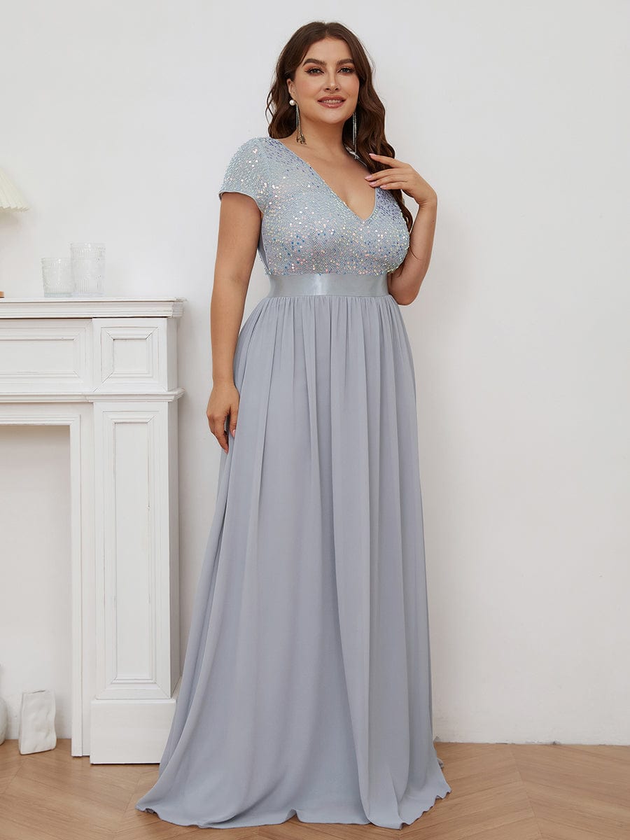 Robe de Soirée Maxi en Mousseline de Soie à Col en V de Grande Taille à Manches Courtes #Couleur_Argent