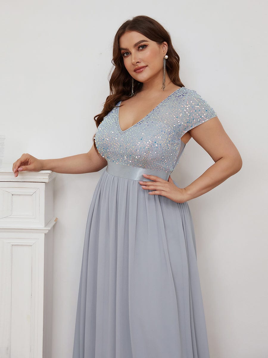 Robe de Soirée Maxi en Mousseline de Soie à Col en V de Grande Taille à Manches Courtes #Couleur_Argent