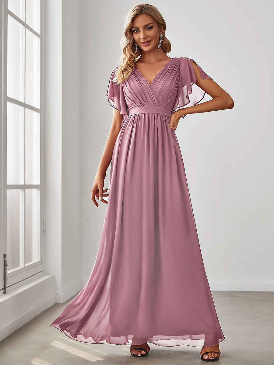 Taille personnalisée Robe de soirée en mousseline de soie à encolure en V #Couleur_Orchidee