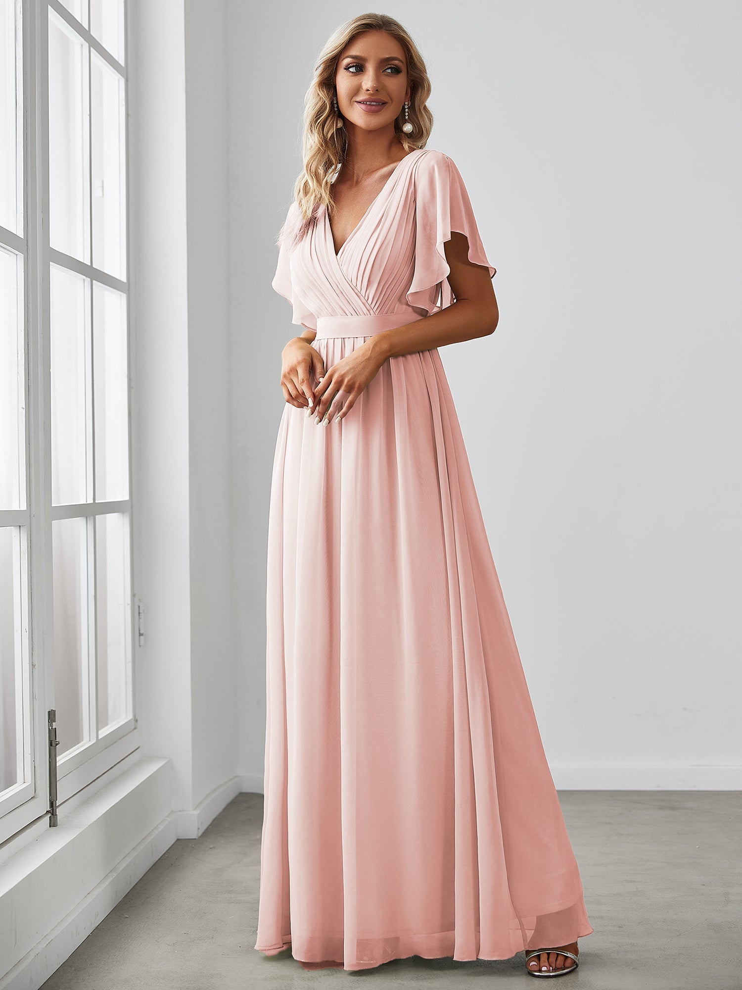 Robe mariage invitée en mousseline de soie à encolure en V et à manches flottantes #Couleur_Rose