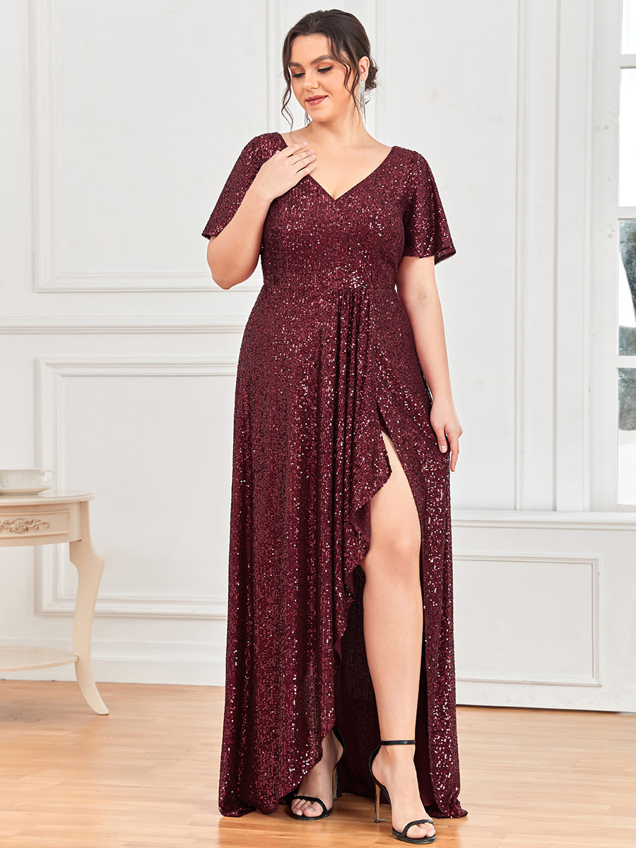 Robe de Soirée Manches Courtes Col en V Paillettes Grande Taille #Couleur_Bordeaux