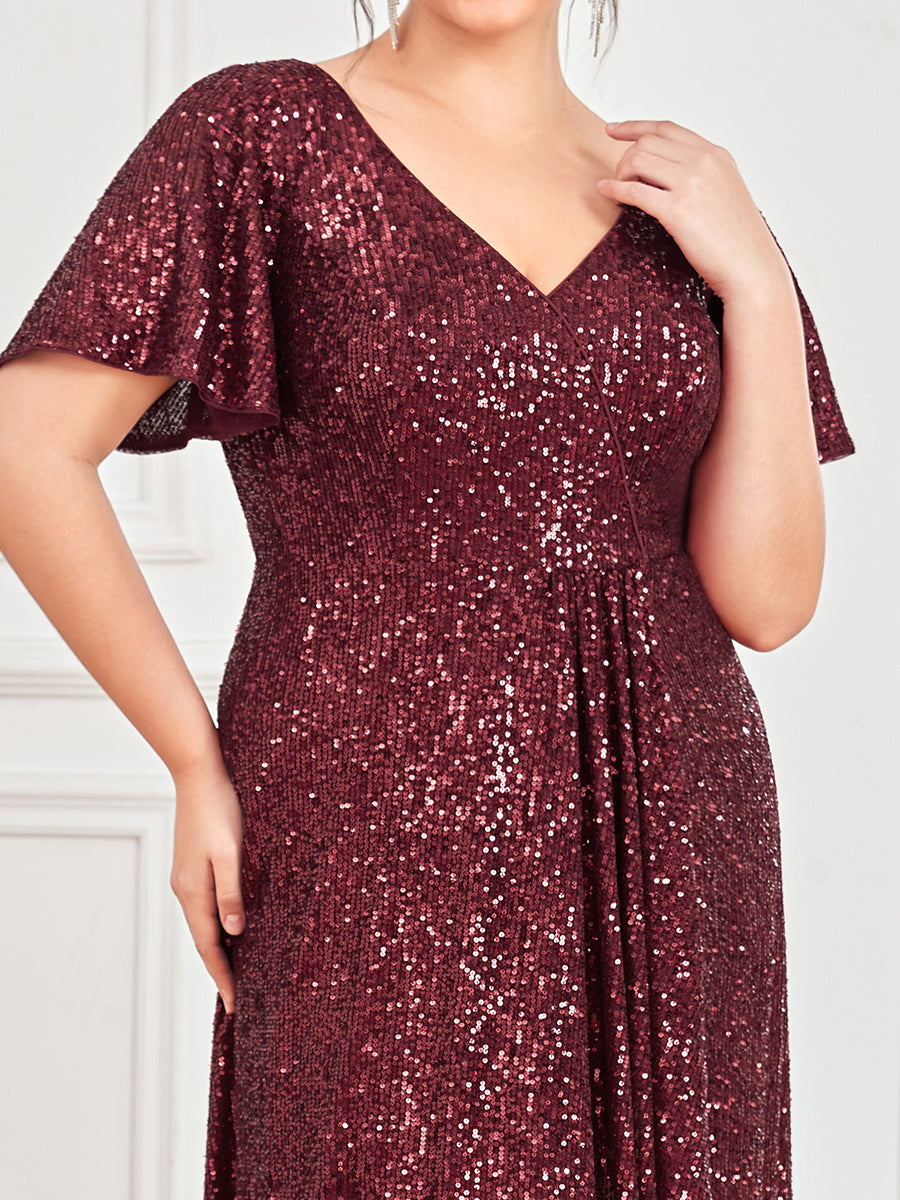 Robe de Soirée Manches Courtes Col en V Paillettes Grande Taille #Couleur_Bordeaux