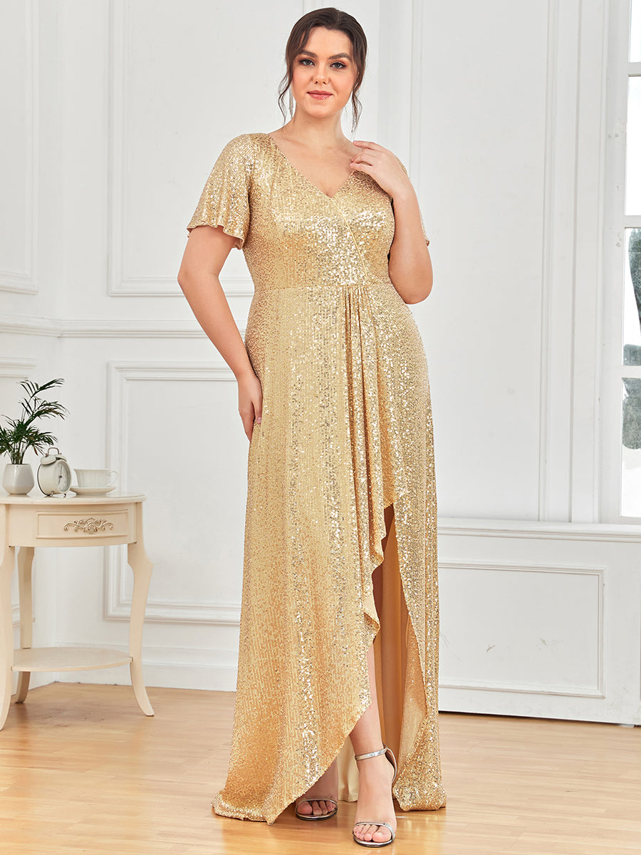 Robe de Soirée Manches Courtes Col en V Paillettes Grande Taille #Couleur_Or