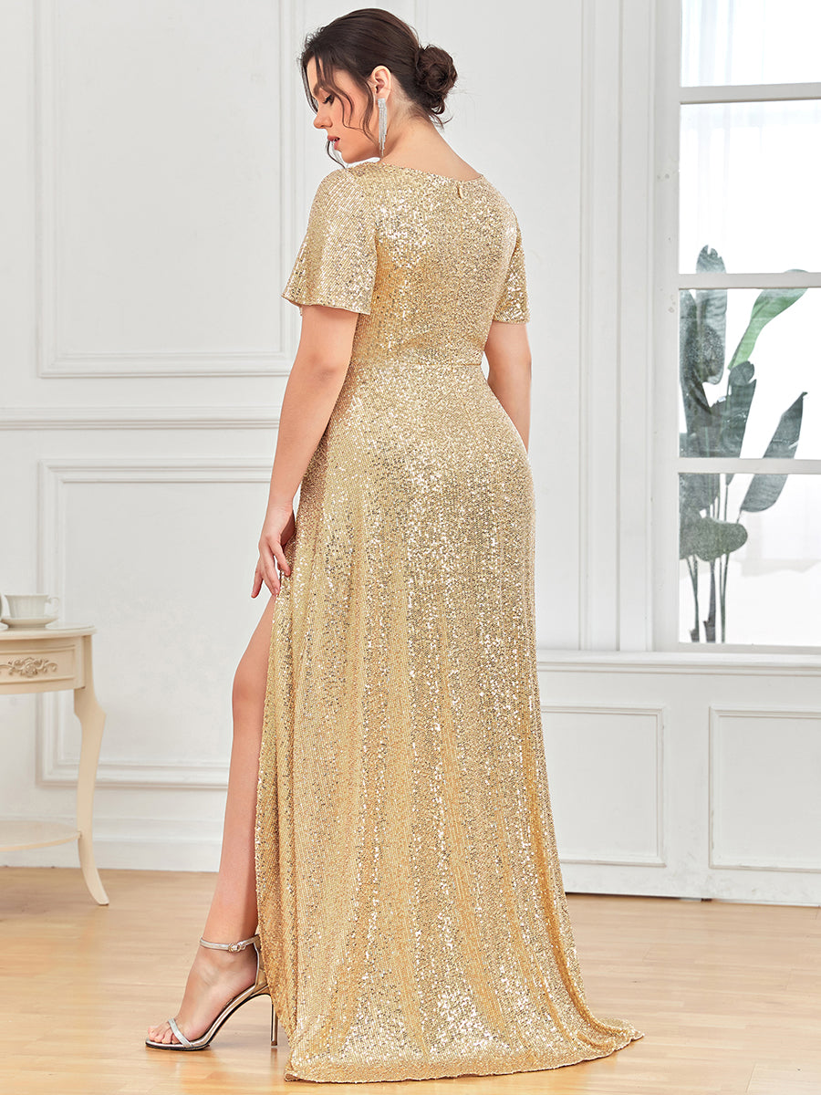 Robe de Soirée Manches Courtes Col en V Paillettes Grande Taille #Couleur_Or