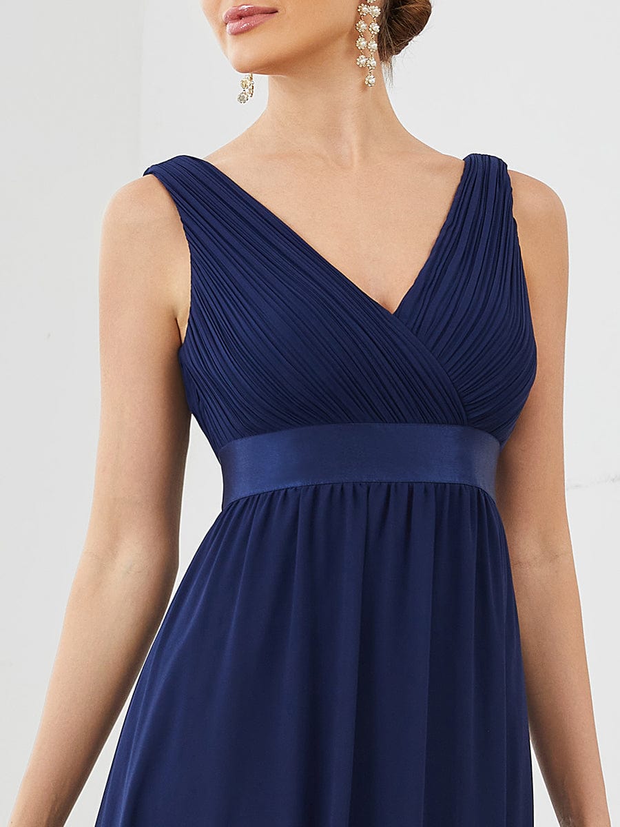 Robe de soirée A-ligne plissée sans manches à la taille en satin #Couleur_Bleu Marine