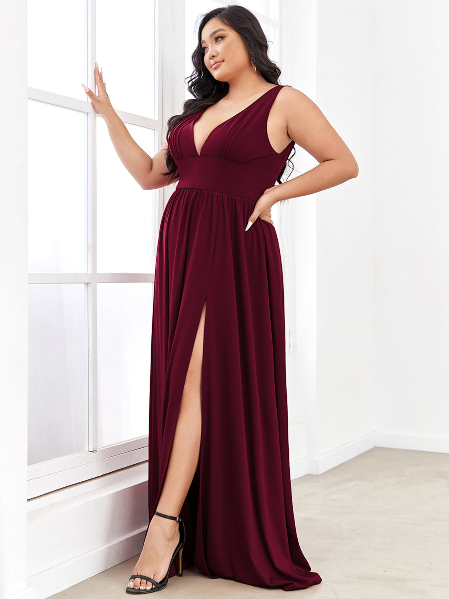 Robe de Bal Grande Taille Sans Manches Col en V Taille Empire Fendue au Sol #Couleur_Bordeaux