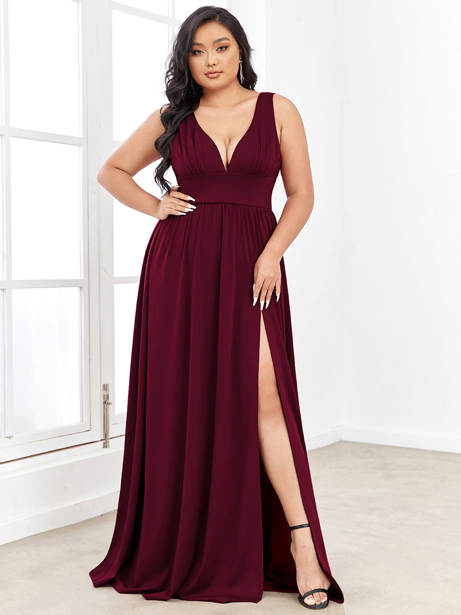 Robe de Bal Grande Taille Sans Manches Col en V Taille Empire Fendue au Sol #Couleur_Bordeaux