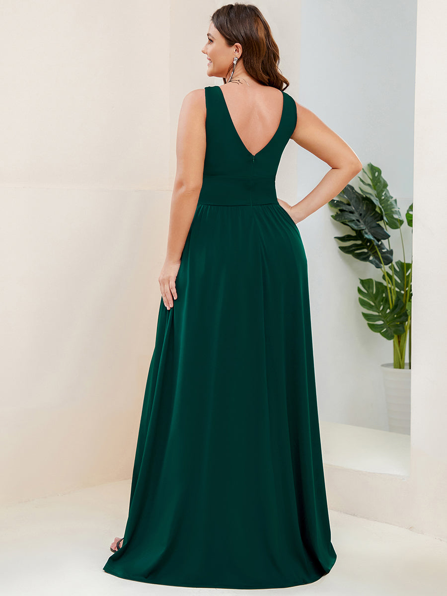 Robe de Bal Grande Taille Sans Manches Col en V Taille Empire Fendue au Sol #Couleur_Vert Fonce