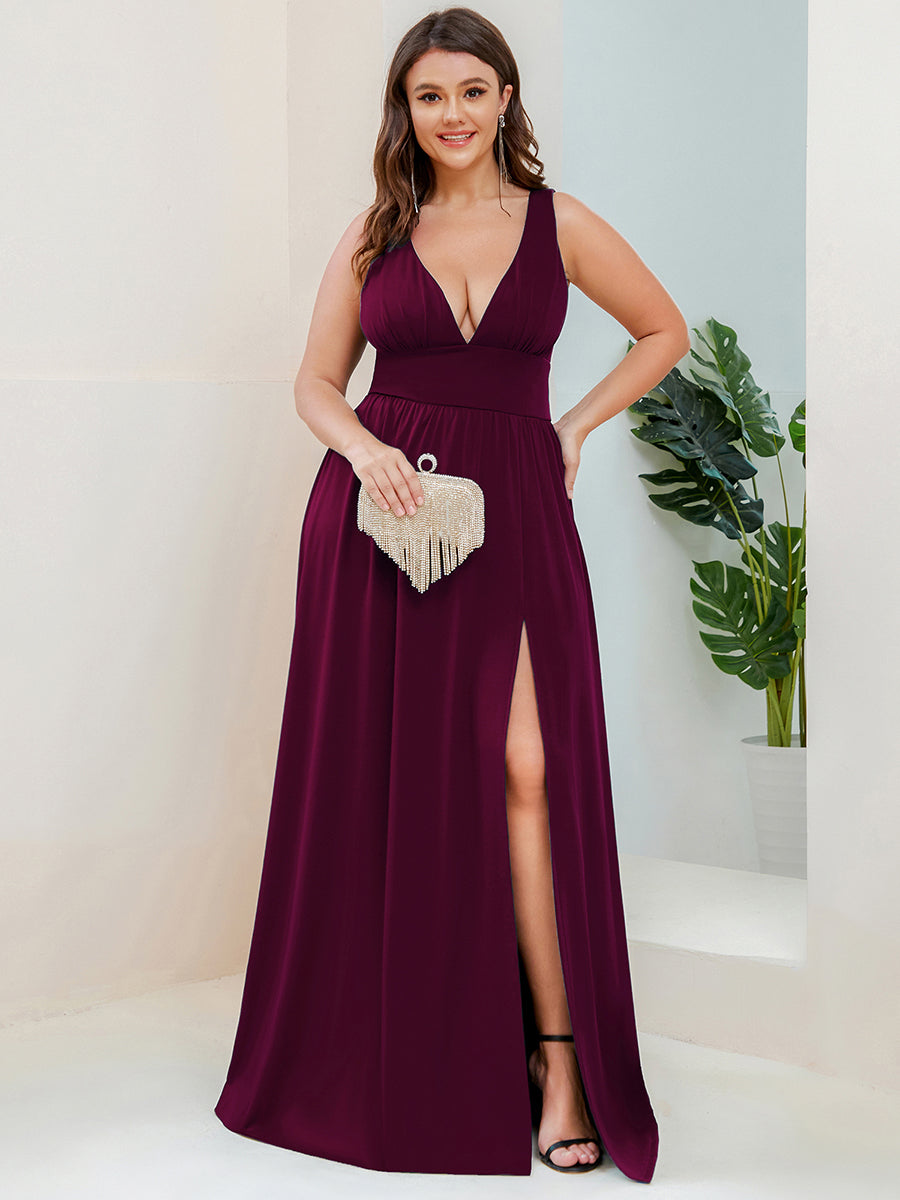 Robe de Bal Grande Taille Sans Manches Col en V Taille Empire Fendue au Sol #Couleur_Pourpre