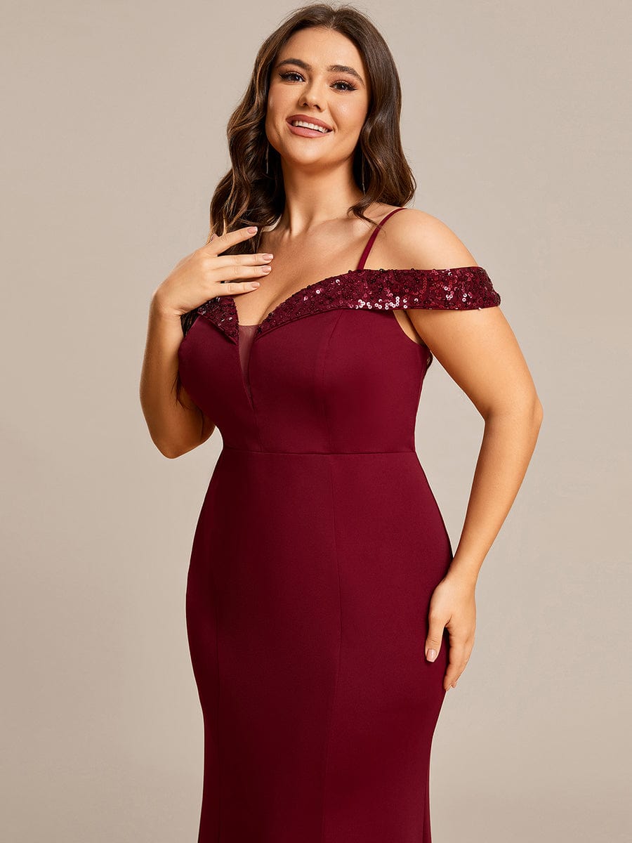 Robe de soirée Sequins Encolure V profonde Moulante élégante grande taille #Couleur_Bordeaux