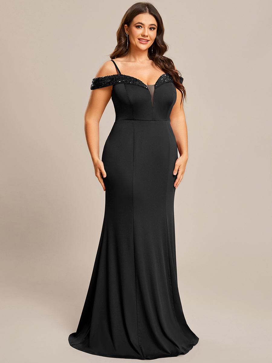 Robe de soirée Sequins Encolure V profonde Moulante élégante grande taille #Couleur_Noir