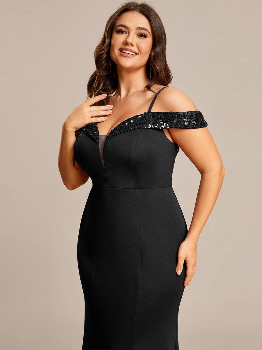 Robe de soirée Sequins Encolure V profonde Moulante élégante grande taille #Couleur_Noir