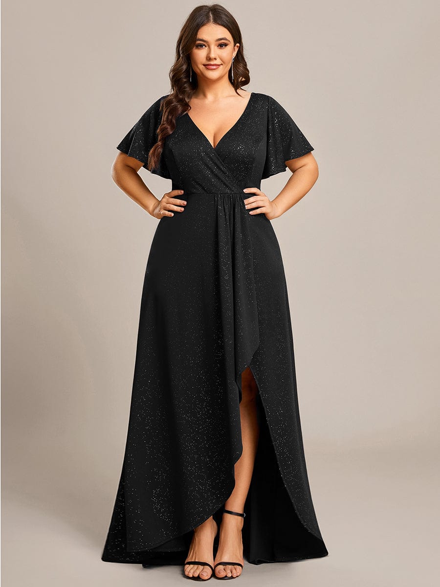 Robe de Soirée élégante à paillettes décolleté en V profond Grande taille #Couleur_Noir