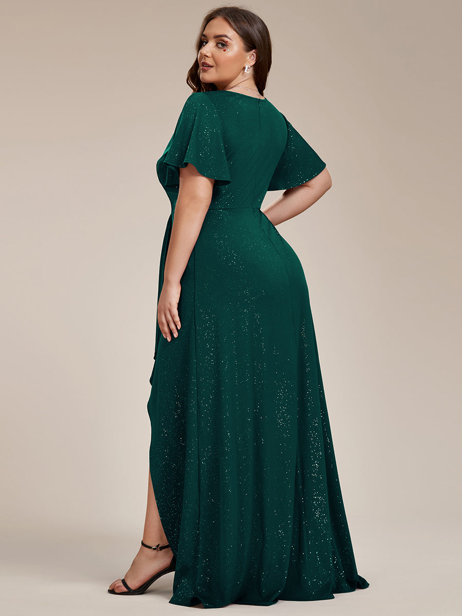 Robe de Soirée élégante à paillettes décolleté en V profond fente sur le devant #Couleur_Vert Fonce