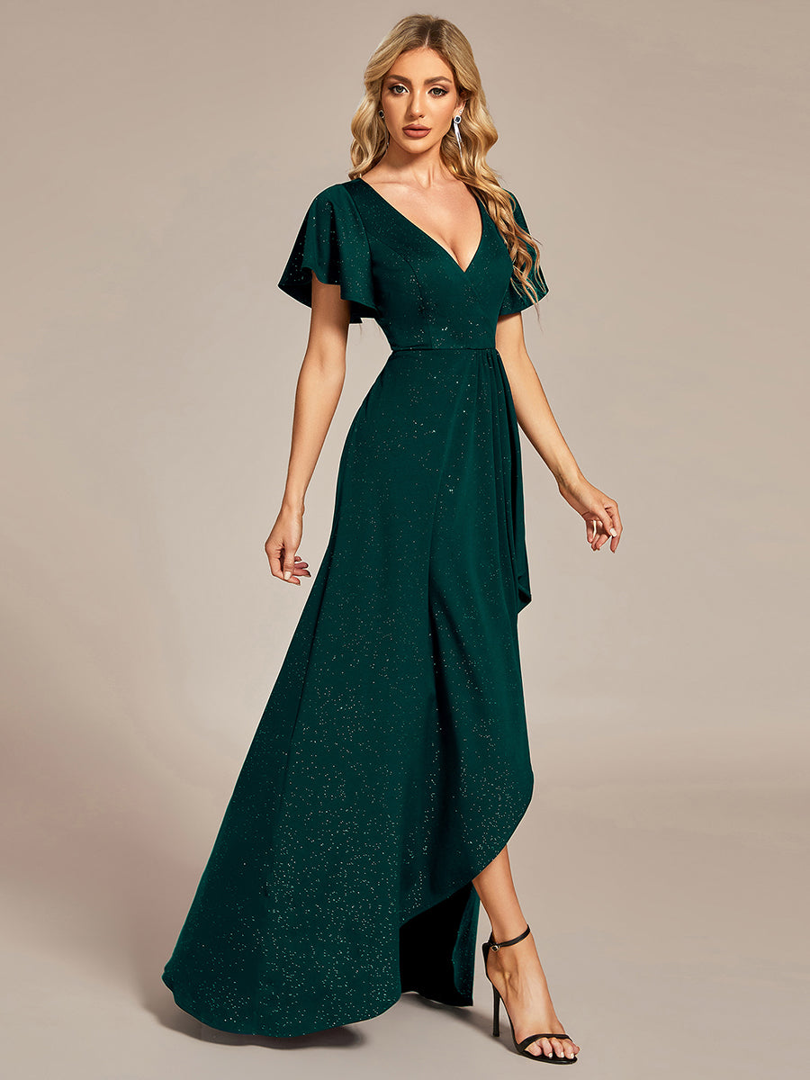 Robe de Soirée élégante à paillettes décolleté en V profond fente sur le devant #Couleur_Vert Fonce