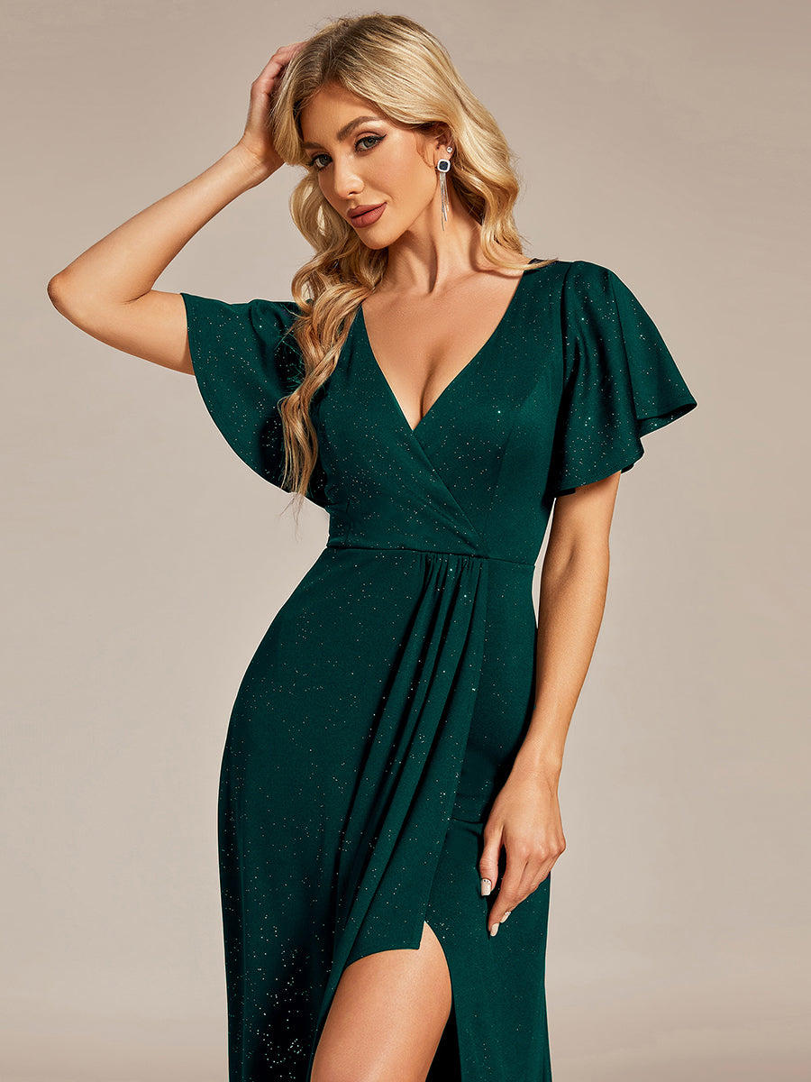 Robe de Soirée élégante à paillettes décolleté en V profond fente sur le devant #Couleur_Vert Fonce