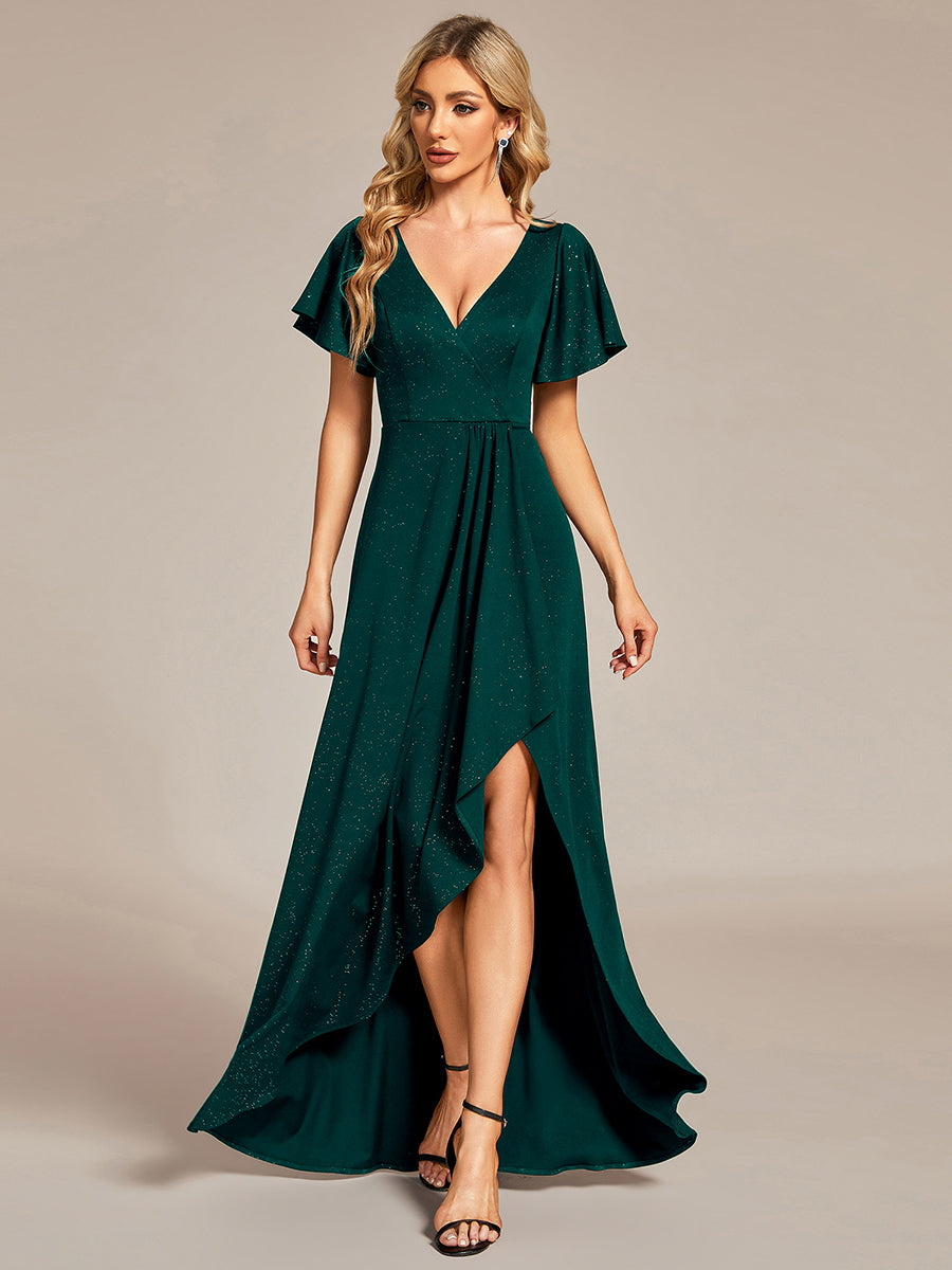 Robe de Soirée élégante à paillettes décolleté en V profond fente sur le devant #Couleur_Vert Fonce