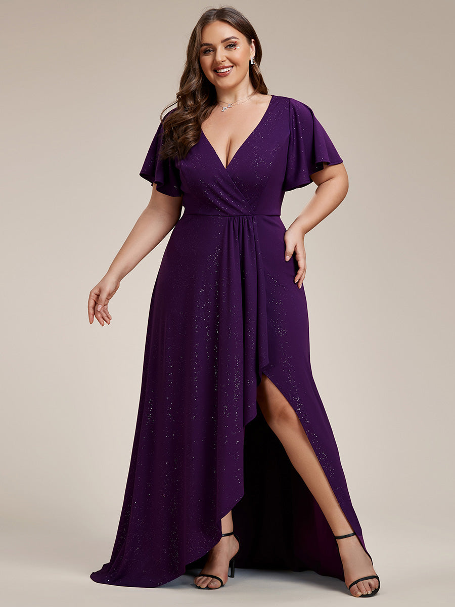 Robe de Soirée élégante à paillettes décolleté en V profond fente sur le devant #Couleur_Violet Fonce