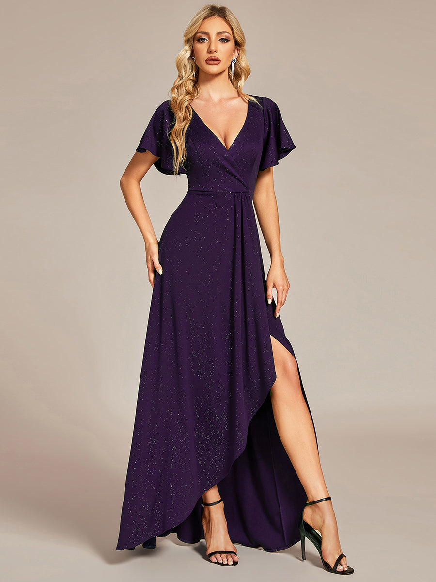 Robe de Soirée élégante à paillettes décolleté en V profond fente sur le devant #Couleur_Violet Fonce