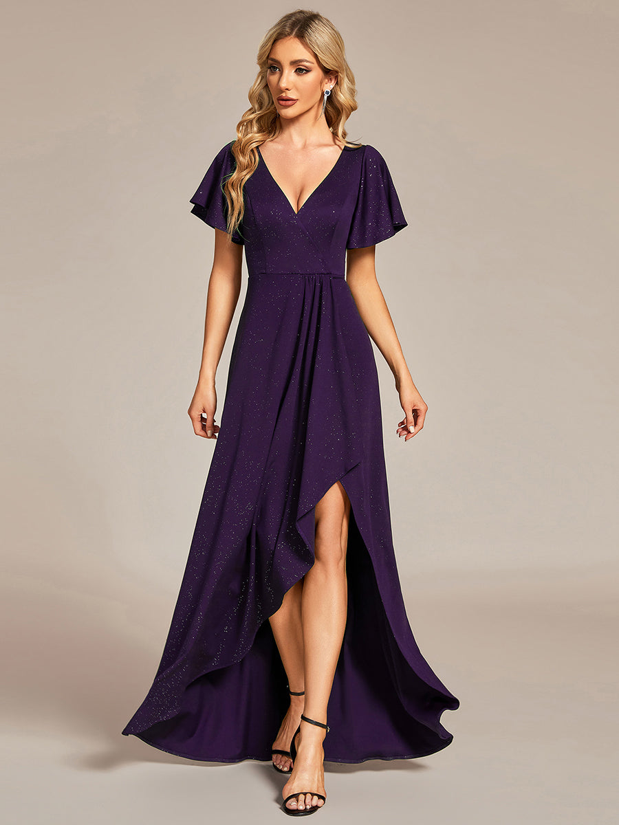 Robe de Soirée élégante à paillettes décolleté en V profond fente sur le devant #Couleur_Violet Fonce