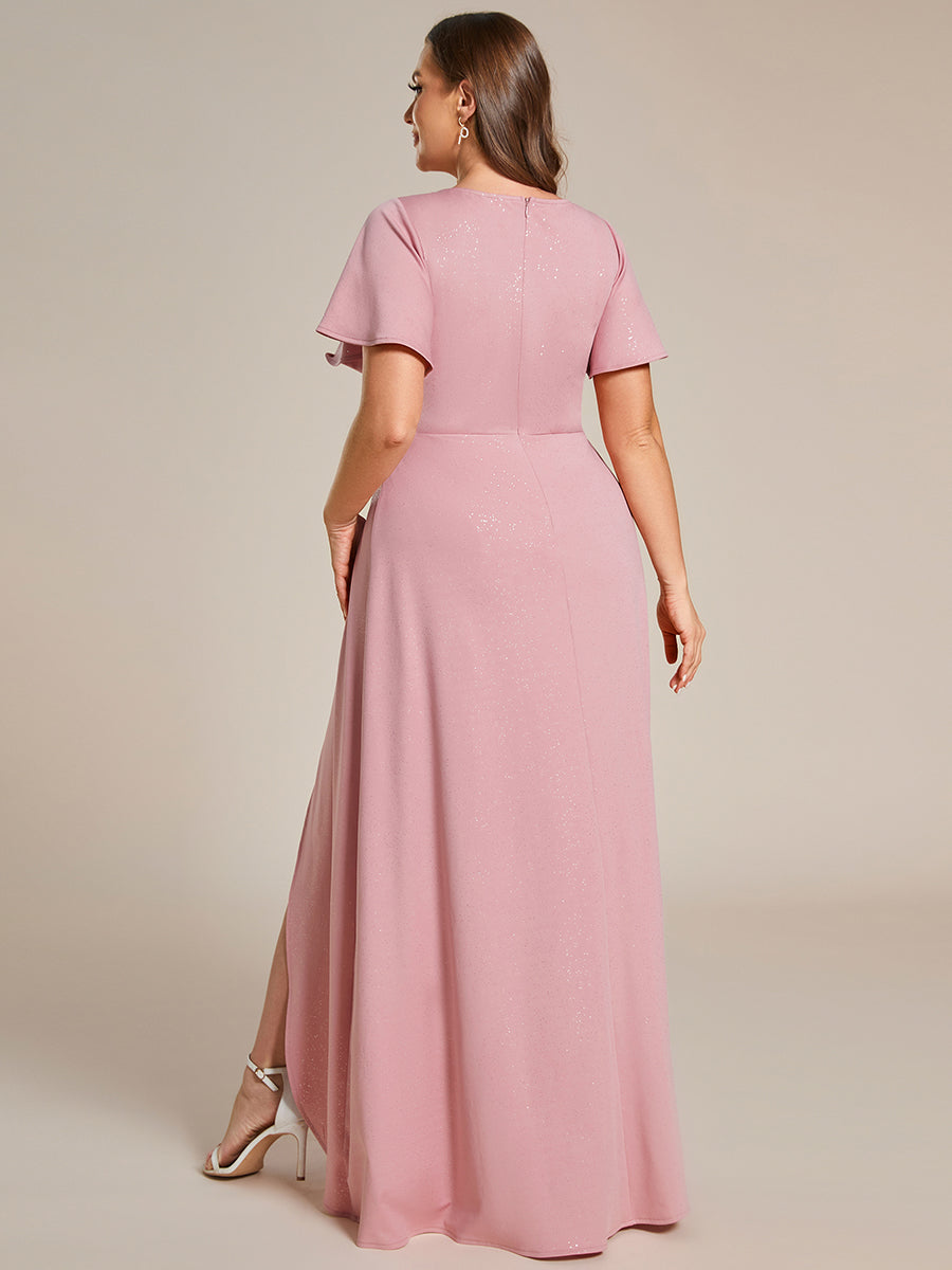 Robe de Soirée élégante à paillettes décolleté en V profond Grande taille #Couleur_Rose Fumee