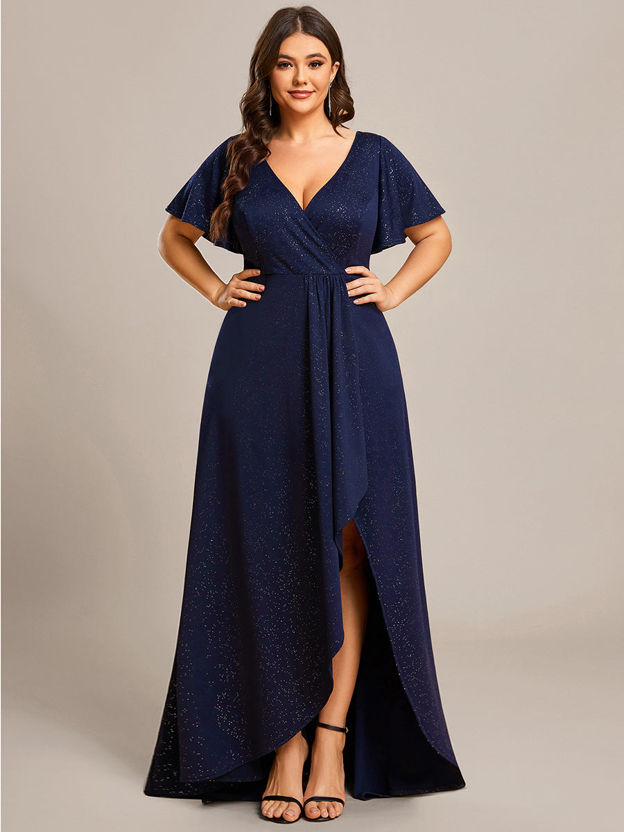 Robe de Soirée élégante à paillettes décolleté en V profond fente sur le devant #Couleur_Bleu Marine