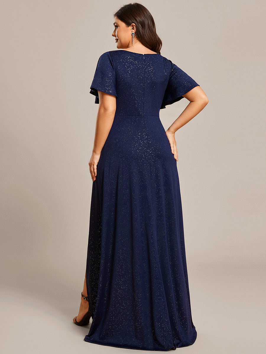 Robe de Soirée élégante à paillettes décolleté en V profond fente sur le devant #Couleur_Bleu Marine