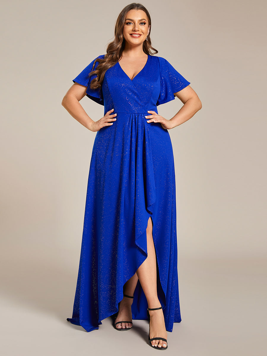 Robe de Soirée élégante à paillettes décolleté en V profond Grande taille #Couleur_Bleu Saphir