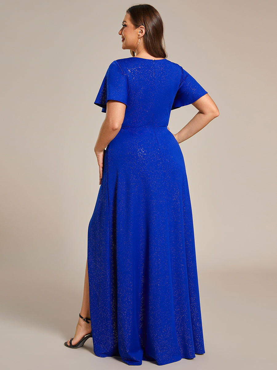 Robe de Soirée élégante à paillettes décolleté en V profond fente sur le devant #Couleur_Bleu Saphir