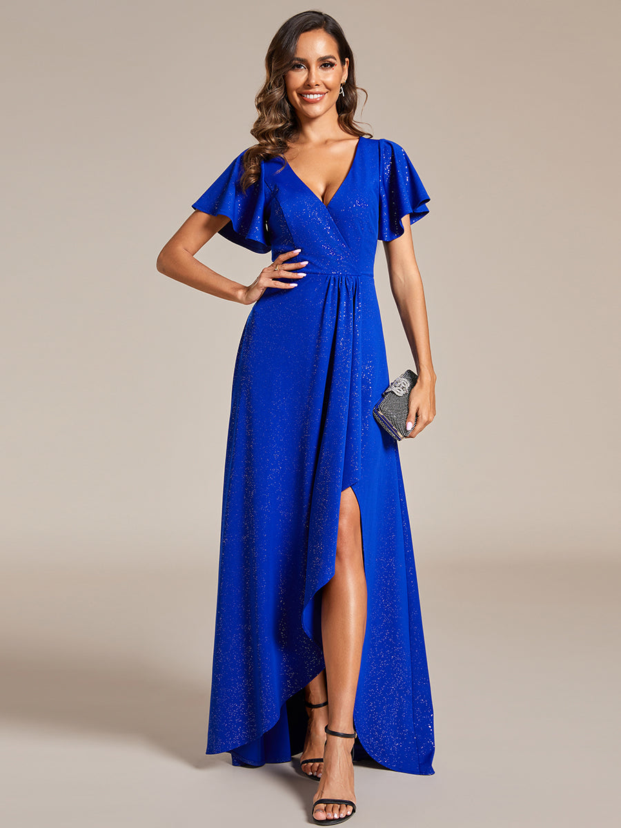 Robe de Soirée élégante à paillettes décolleté en V profond fente sur le devant #Couleur_Bleu Saphir