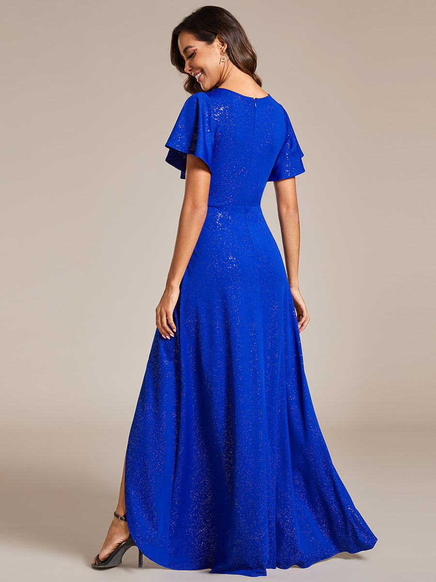 Robe de Soirée élégante à paillettes décolleté en V profond fente sur le devant #Couleur_Bleu Saphir