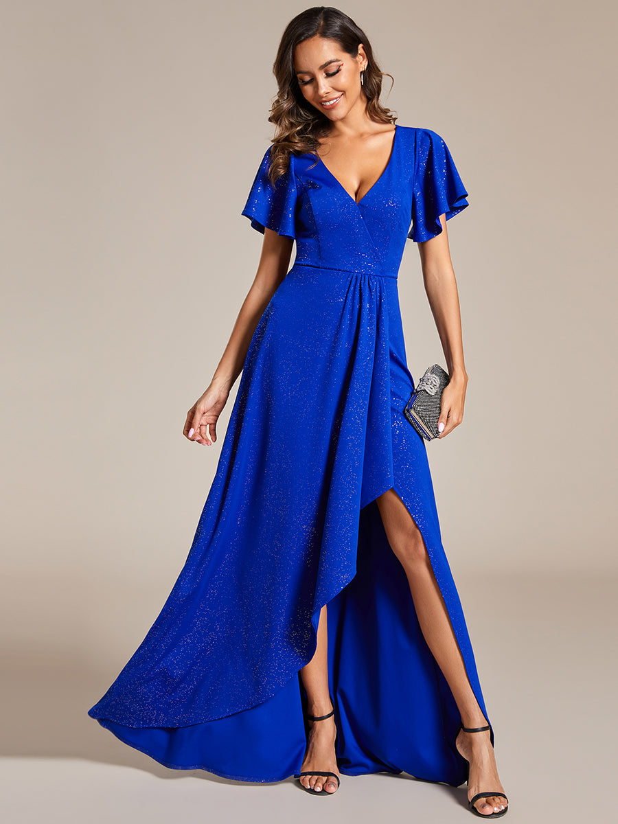 Robe de Soirée élégante à paillettes décolleté en V profond fente sur le devant #Couleur_Bleu Saphir