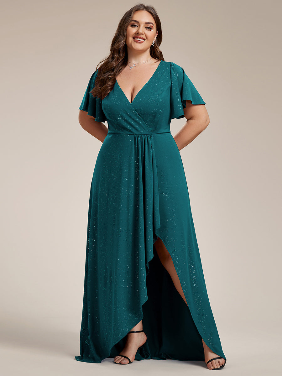 Robe de Soirée élégante à paillettes décolleté en V profond Grande taille #Couleur_Bleu Sarcelle